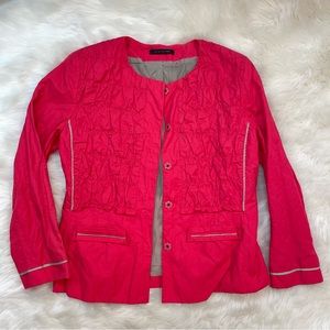 ELIE TAHARI Red Tan Ruched Short Jacket Hidden Snaps Contrast Piping Medium